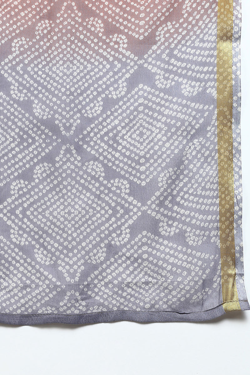 Women's Cotton Lavender Bandhani Printed Straight Kurta Pant With Dupatta