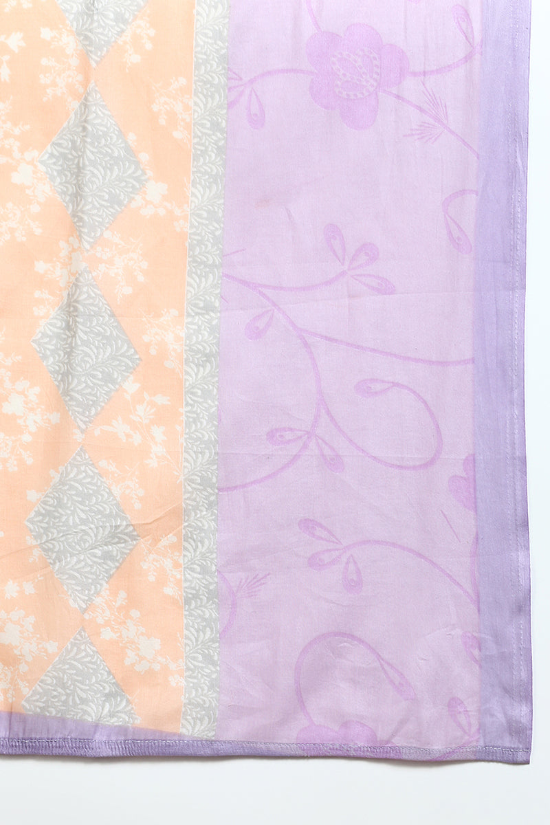 Women's Cotton Blend Lavender Printed Straight Kurta Pant With Dupatta