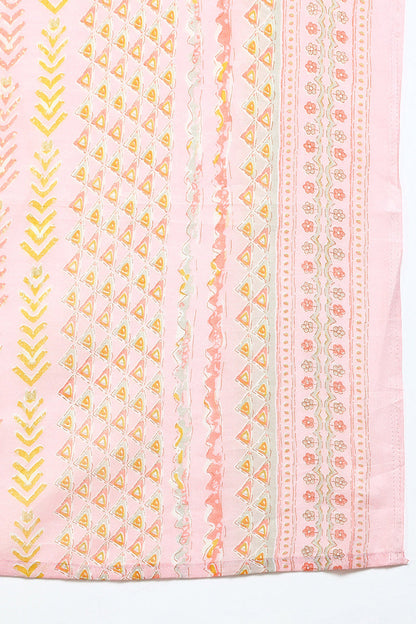 Women's Cotton Blend Pink Printed Straight Kurta Pant With Dupatta