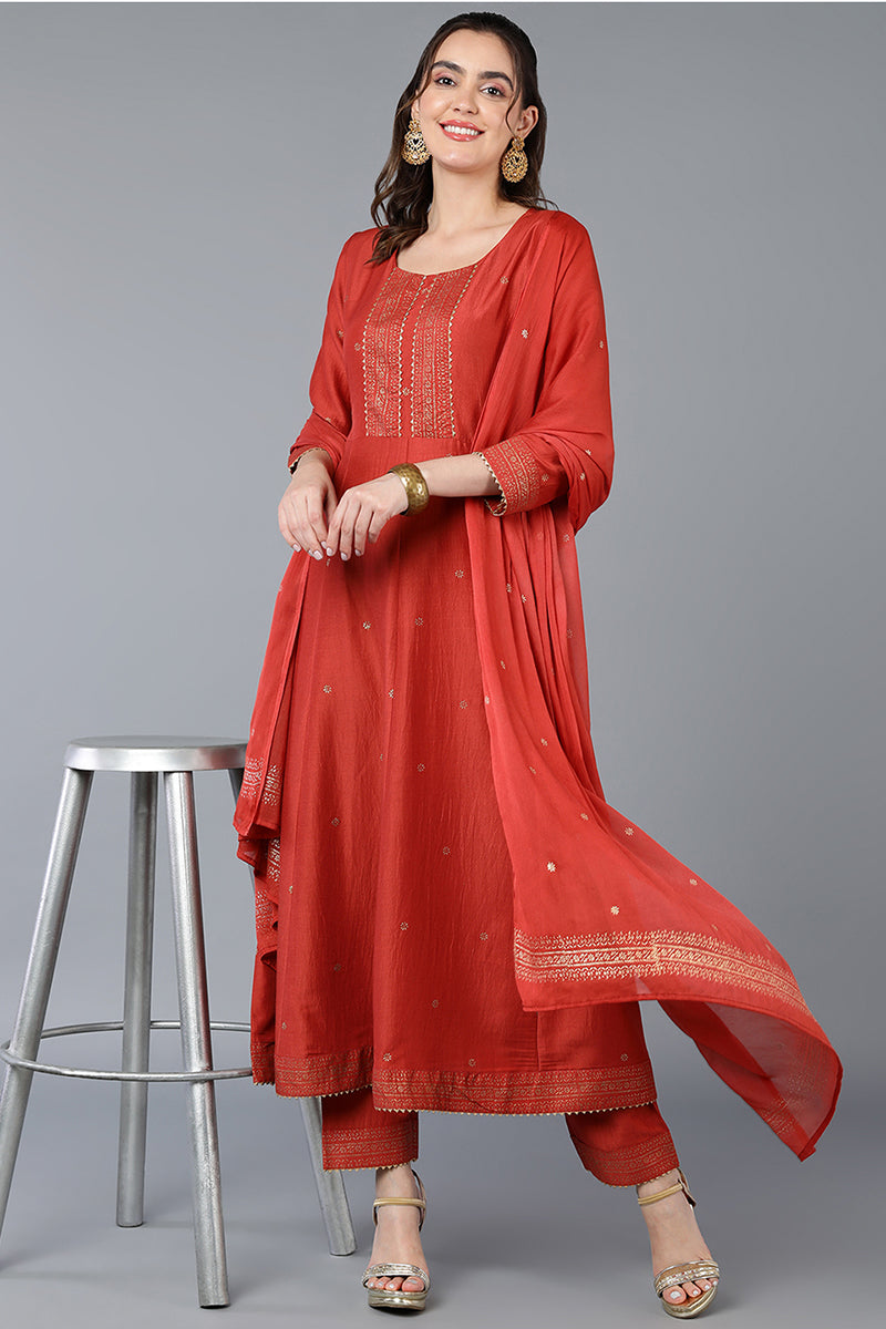 Women's Silk Blend Rust Orange Rogan Work Flared Kurta Pant With Dupatta