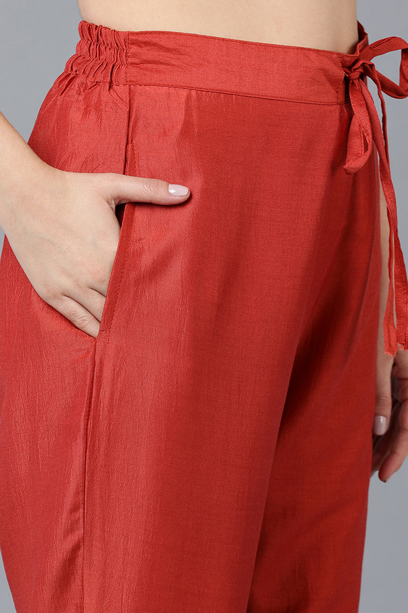Women's Silk Blend Rust Orange Rogan Work Flared Kurta Pant With Dupatta