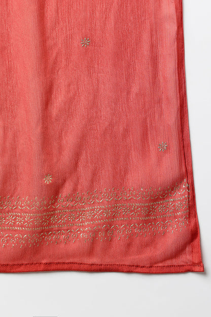 Women's Silk Blend Rust Orange Rogan Work Flared Kurta Pant With Dupatta