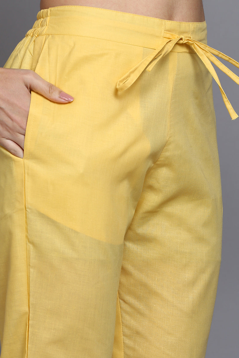 Women's Cotton Yellow Printed Straight Kurta Pant With Dupatta
