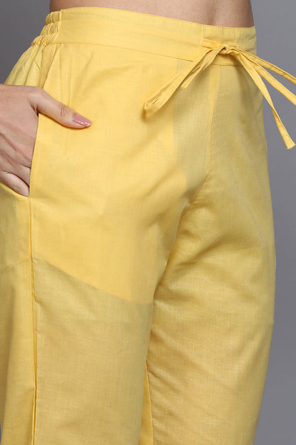 Women's Cotton Yellow Printed Straight Kurta Pant With Dupatta