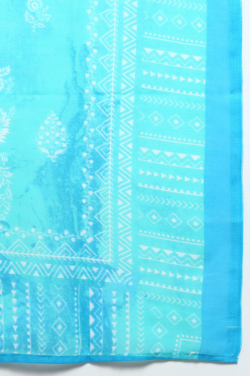 Women's Cotton Turquoise Blue Straight Kurta Pant With Dupatta