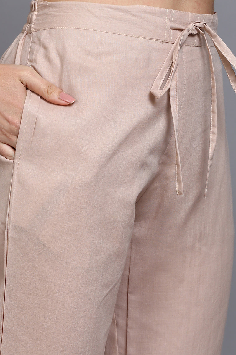 Women's Cotton Taupe Printed Straight Kurta Pant With Dupatta