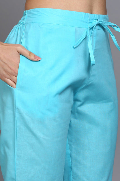 Women's Cotton Blue Printed Straight Kurta Pant With Dupatta