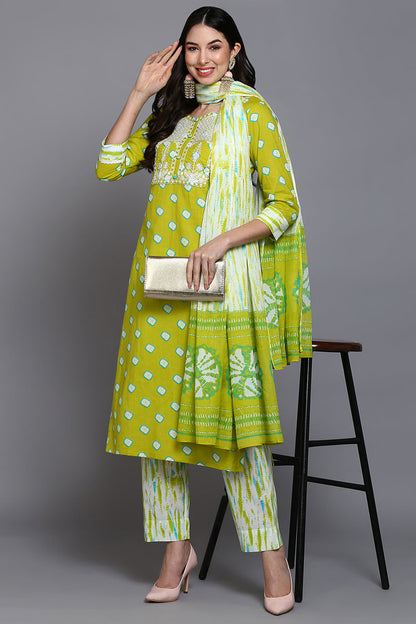 Women's Cotton Green Bandhani Printed Straight Kurta Pant With Dupatta