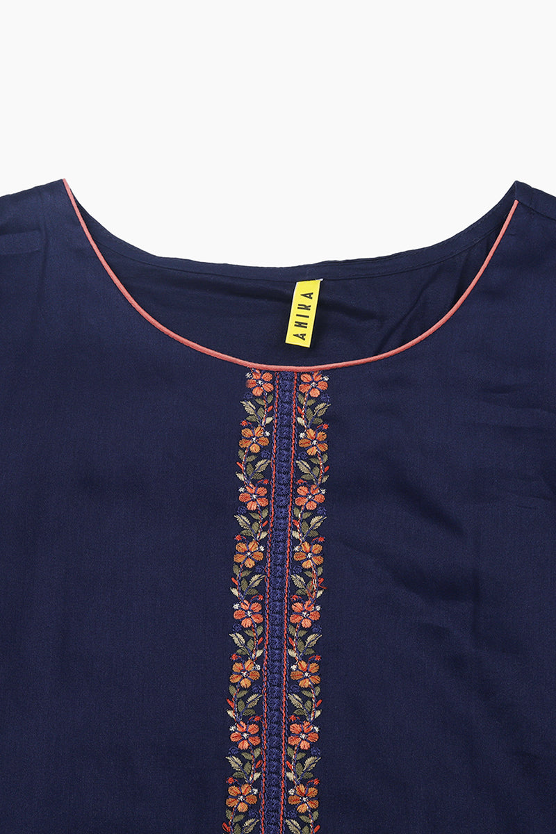 Women's Cotton Navy Blue Embroidered Straight Kurta Pant With Dupatta