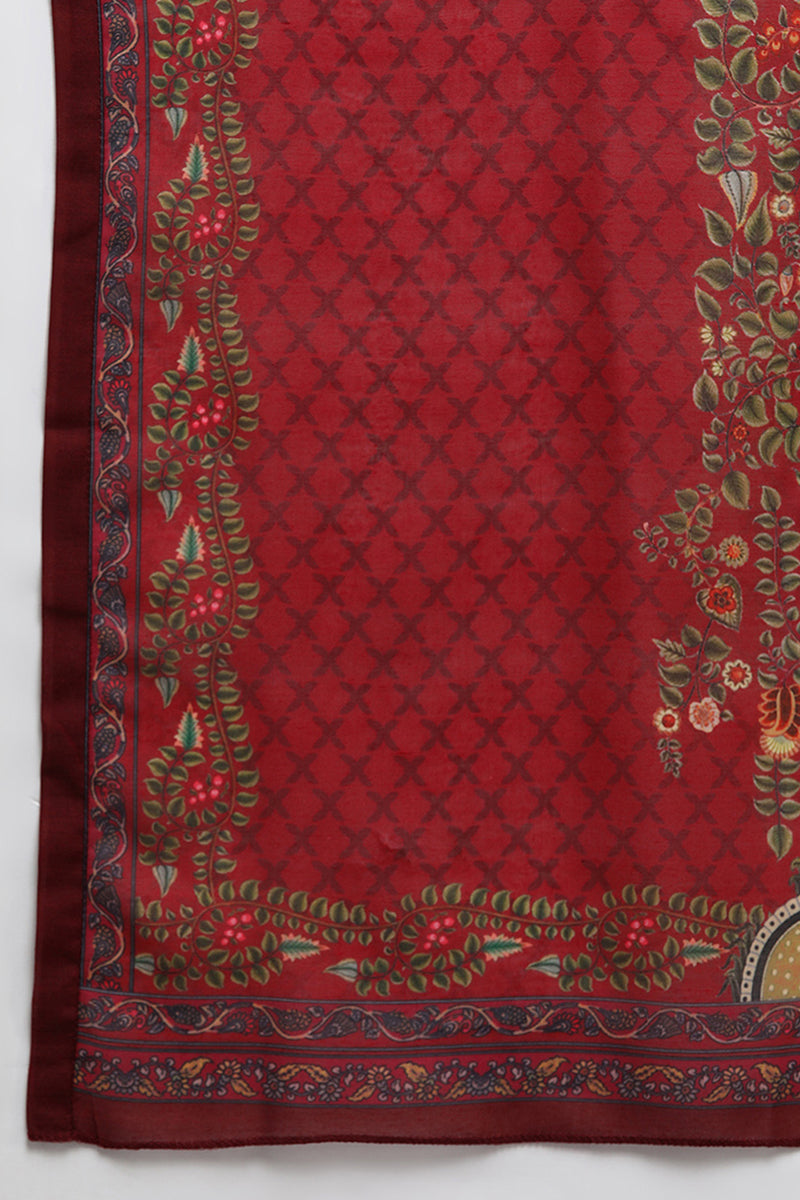 Women's Cotton Red Embroidered Straight Kurta Pant With Dupatta