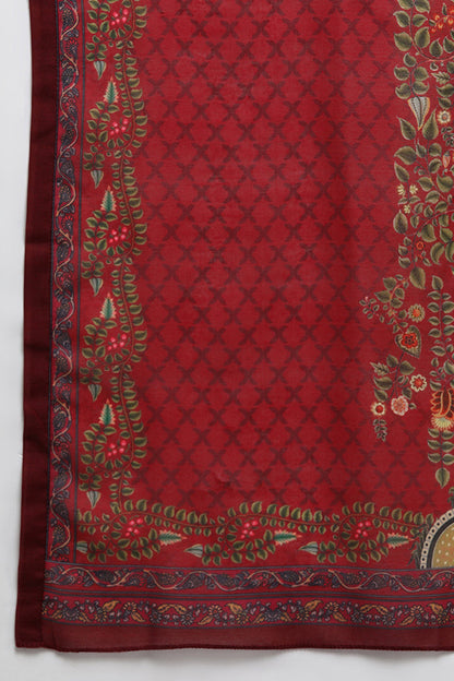 Women's Cotton Red Embroidered Straight Kurta Pant With Dupatta