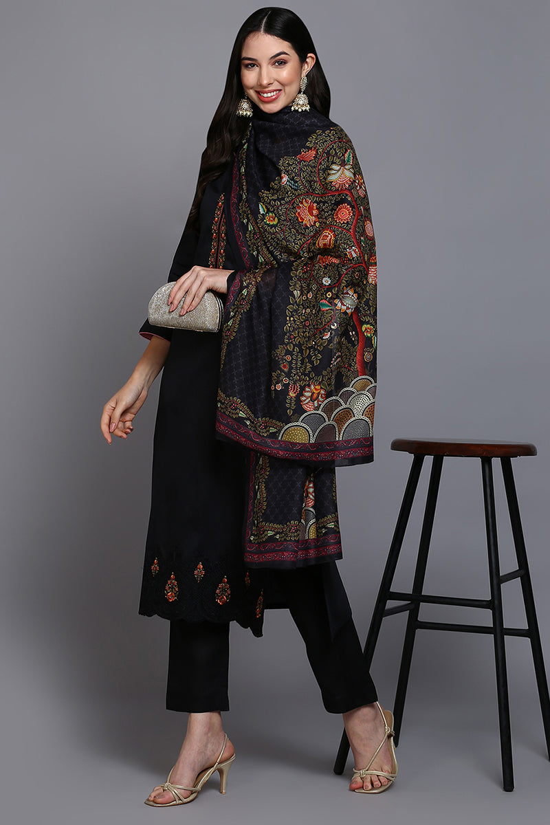 Women's Cotton Black Embroidered Straight Kurta Pant With Dupatta