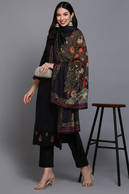 Women's Cotton Black Embroidered Straight Kurta Pant With Dupatta