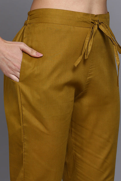 Women's Cotton Olive Embroidered Straight Kurta Pant With Dupatta