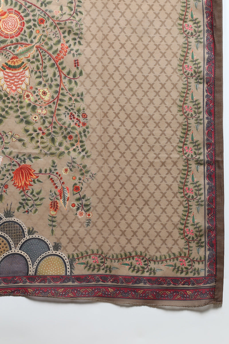 Women's Cotton Khaki Embroidered Straight Kurta Pant With Dupatta