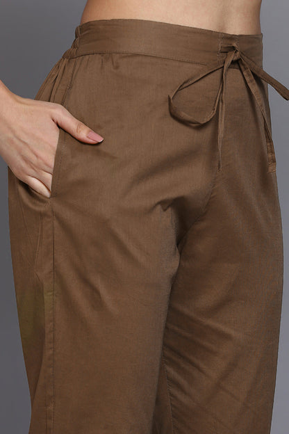 Women's Cotton Khaki Embroidered Straight Kurta Pant With Dupatta