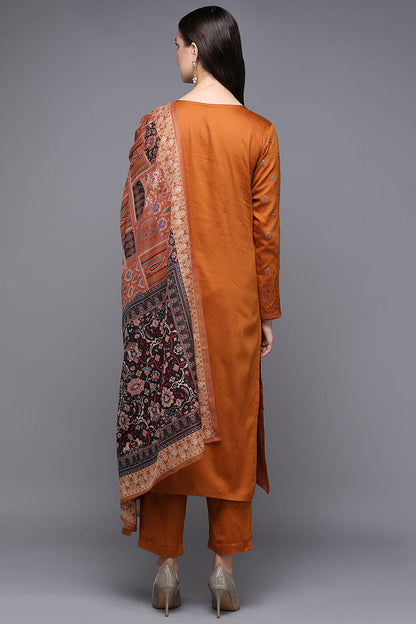 Women's Cotton Orange Embroidered Straight Kurta Pant With Dupatta