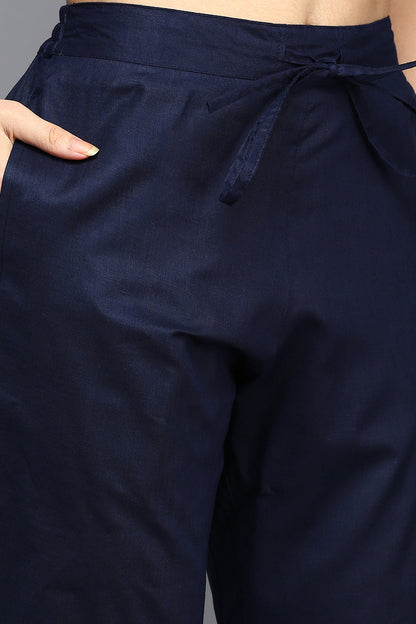 Women's Cotton Navy Blue Embroidered Straight Kurta Pant With Dupatta
