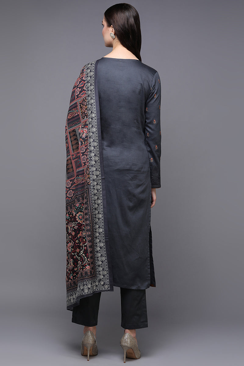 Women's Cotton Grey Embroidered Straight Kurta Pant With Dupatta