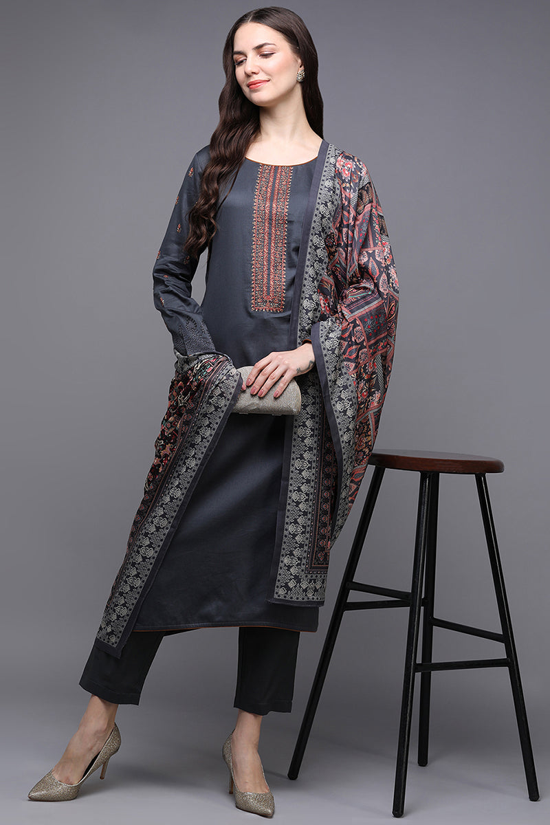 Women's Cotton Grey Embroidered Straight Kurta Pant With Dupatta