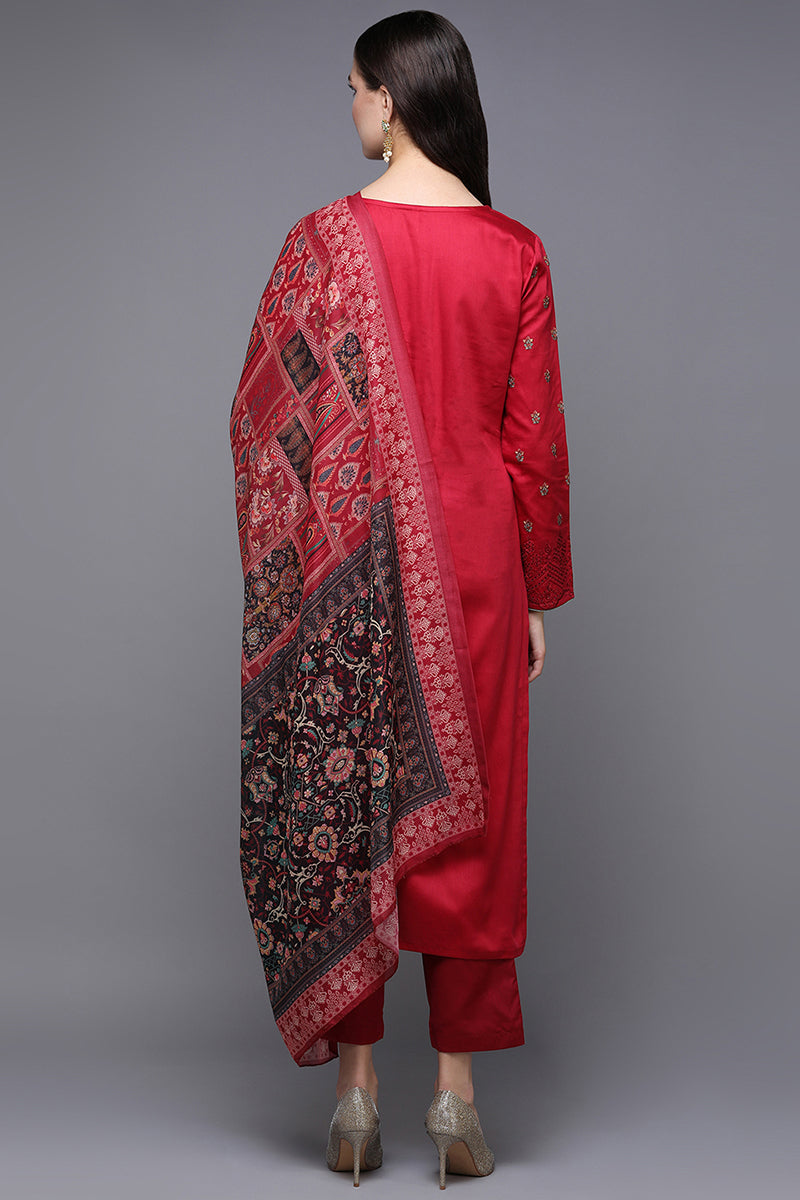 Women's Cotton Red Embroidered Straight Kurta Pant With Dupatta