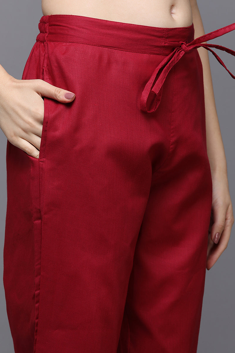 Women's Cotton Red Embroidered Straight Kurta Pant With Dupatta
