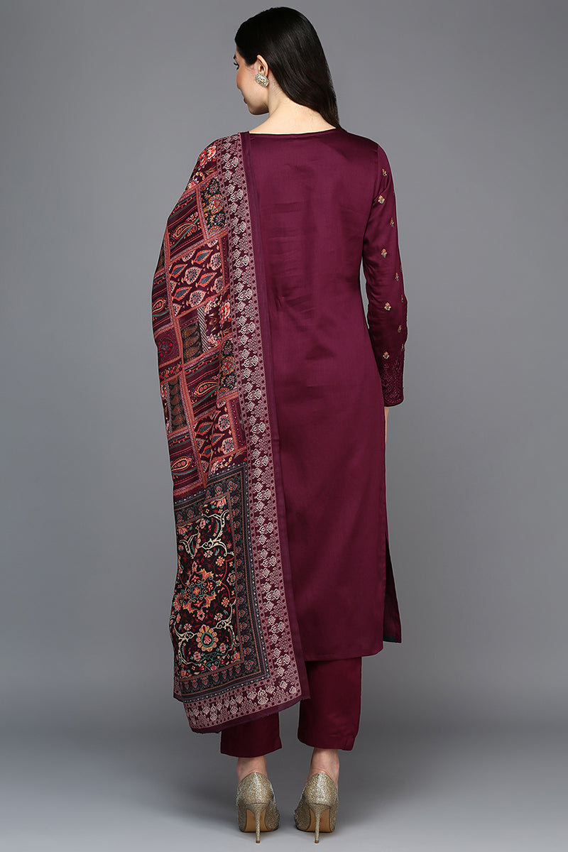 Women's Cotton Wine Embroidered Straight Kurta Pant With Dupatta