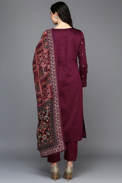 Women's Cotton Wine Embroidered Straight Kurta Pant With Dupatta
