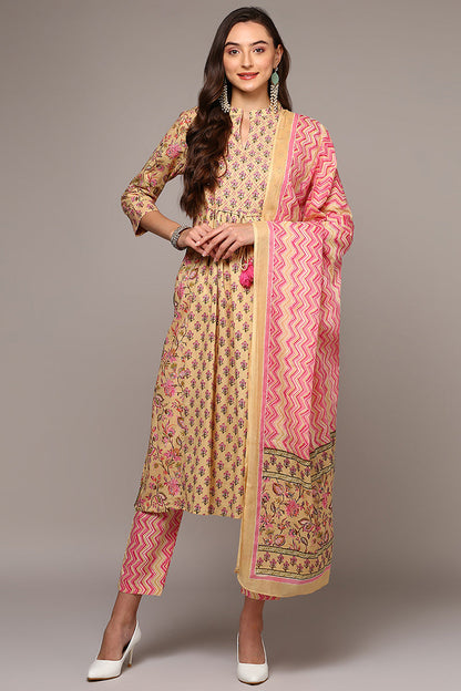 Women's Cream Cotton Printed Flared Suit Set