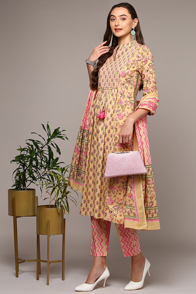 Women's Cream Cotton Printed Flared Suit Set