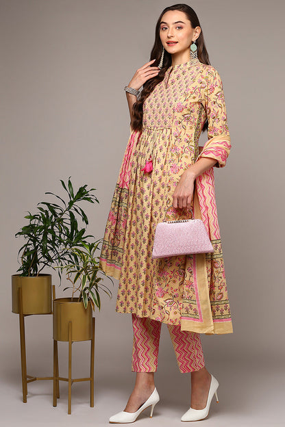 Women's Cream Cotton Printed Flared Suit Set