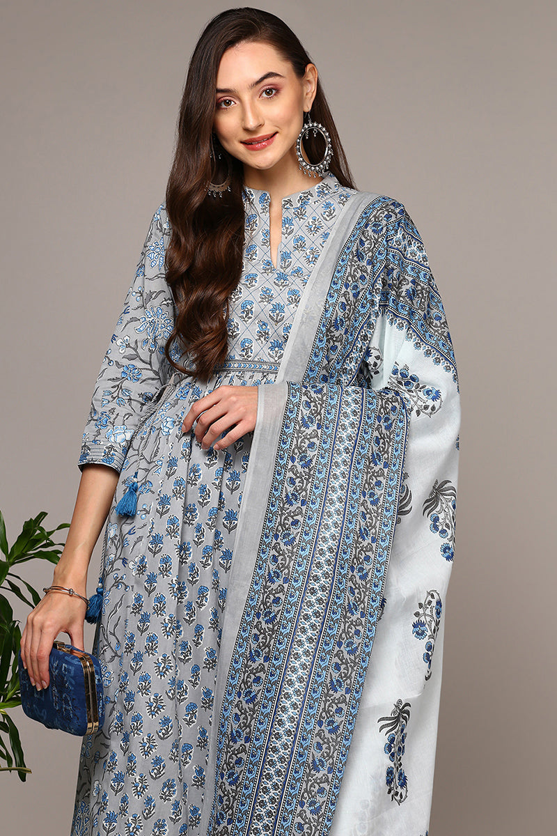 Women's Grey Cotton Printed Flared Suit Set