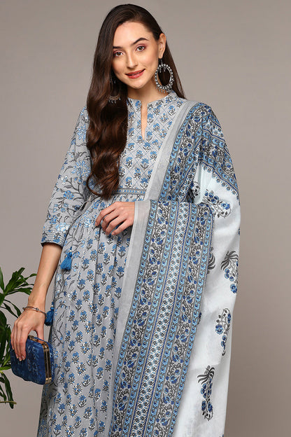 Women's Grey Cotton Printed Flared Suit Set