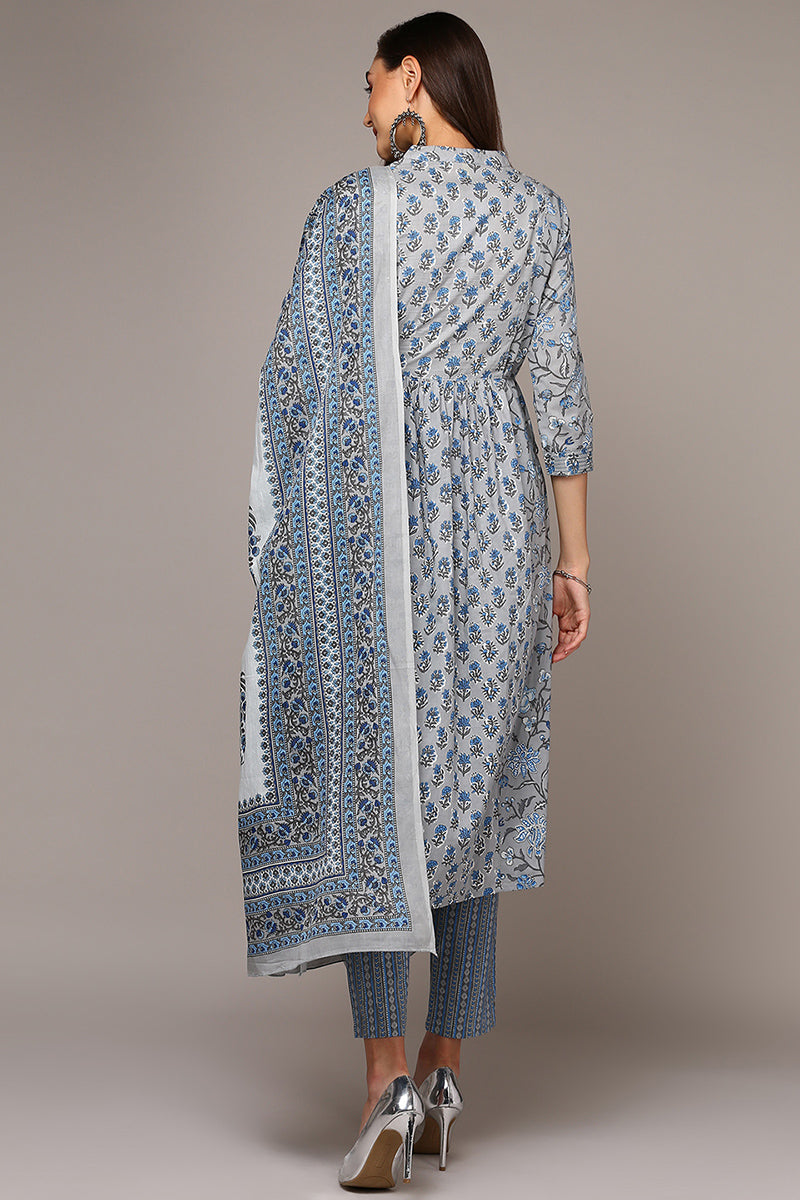 Women's Grey Cotton Printed Flared Suit Set