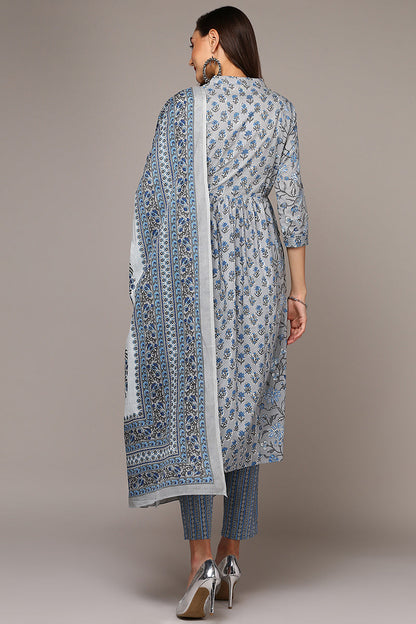 Women's Grey Cotton Printed Flared Suit Set