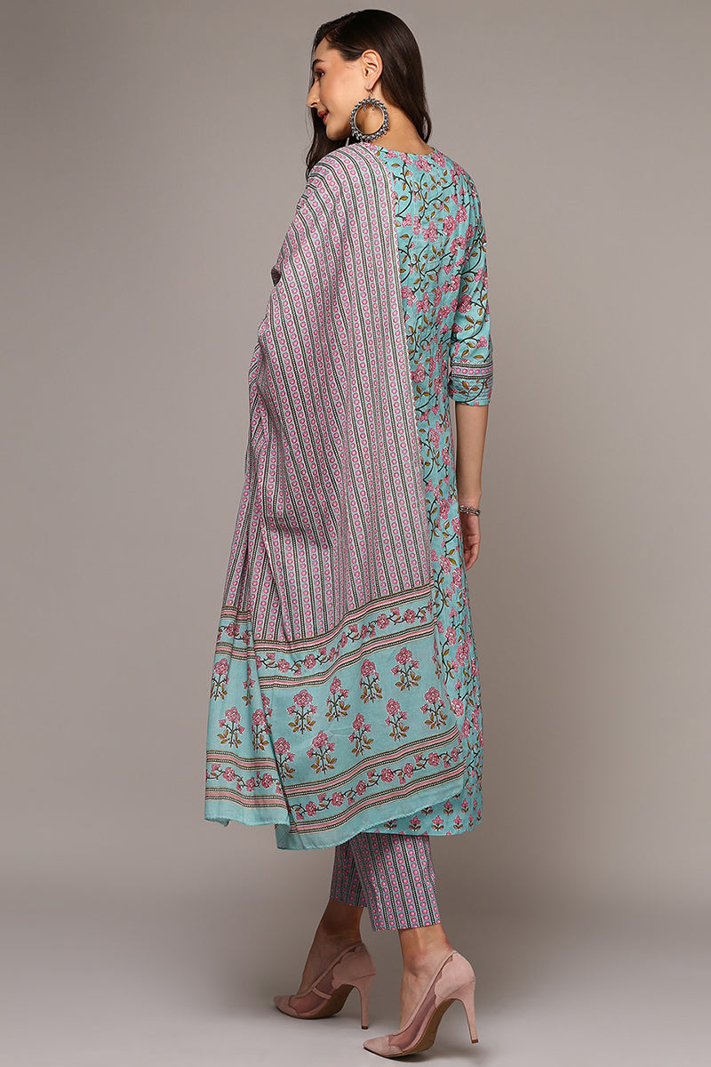 Women's Blue Cotton Printed Flared Suit Set