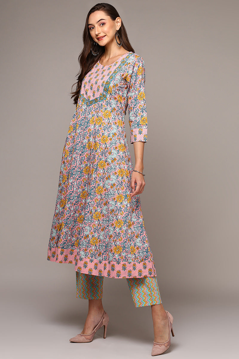 Women's Peach Cotton Printed Flared Suit Set