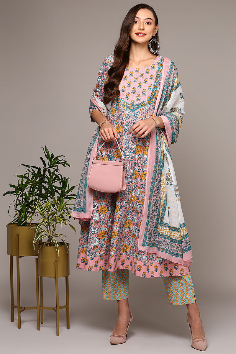 Women's Peach Cotton Printed Flared Suit Set