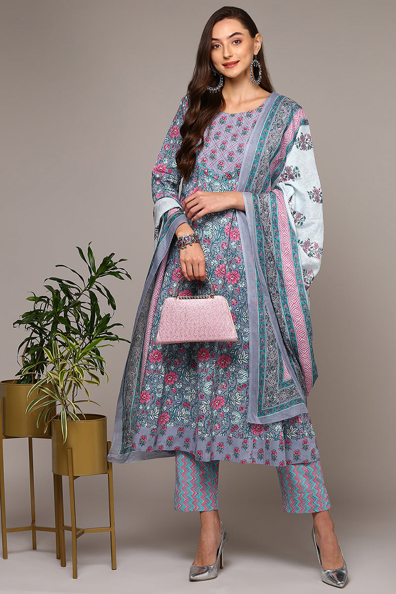 Women's Grey Cotton Printed Flared Suit Set