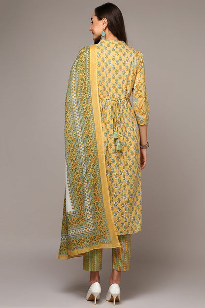 Women's Yellow Cotton Printed Flared Suit Set