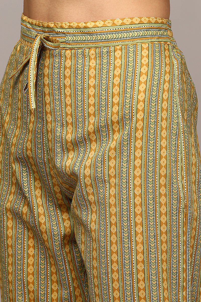 Women's Yellow Cotton Printed Flared Suit Set