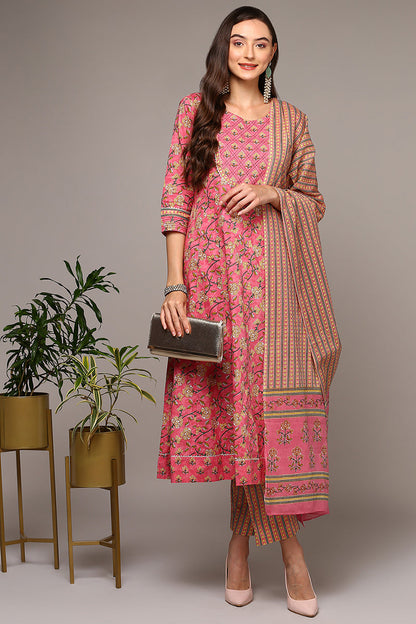 Women's Pink Cotton Printed Flared Suit Set
