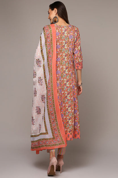 Women's Peach Cotton Printed Flared Suit Set