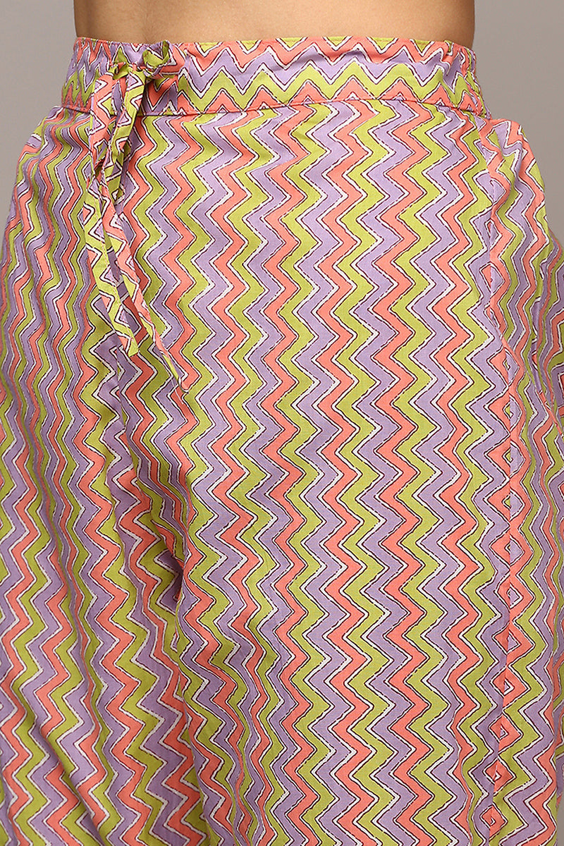 Women's Peach Cotton Printed Flared Suit Set