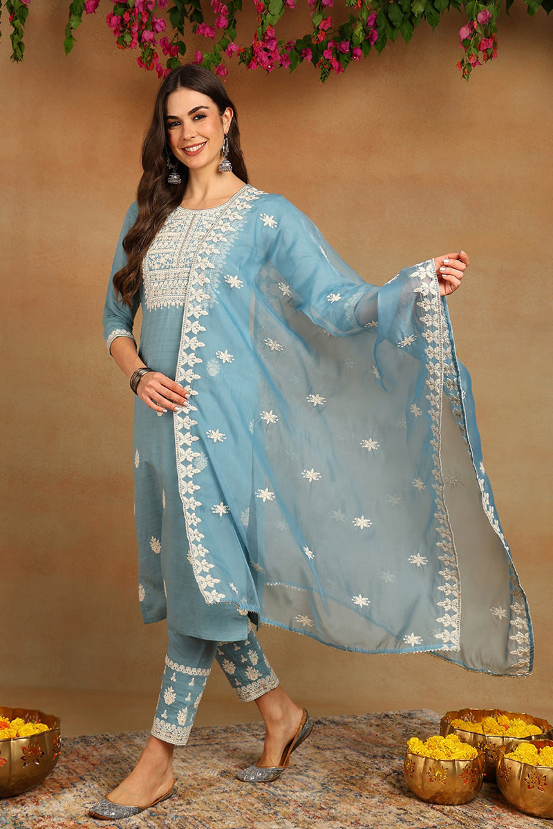 Women's Blue Silk Blend Embroidered Straight Kurta Pant Set With Dupatta