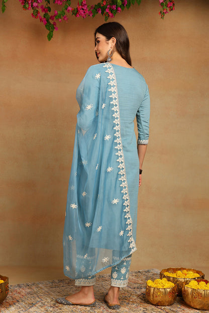 Women's Blue Silk Blend Embroidered Straight Kurta Pant Set With Dupatta
