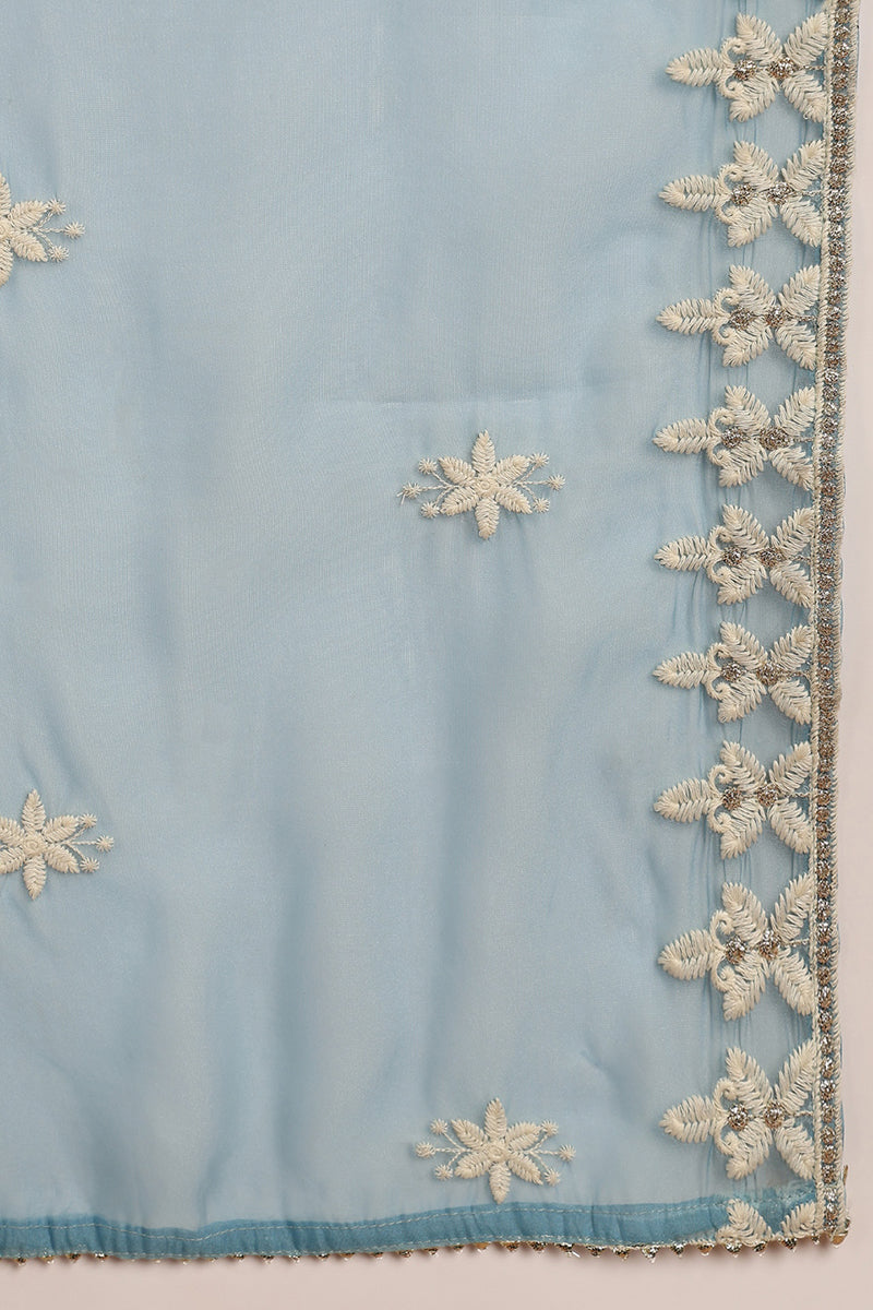 Women's Blue Silk Blend Embroidered Straight Kurta Pant Set With Dupatta