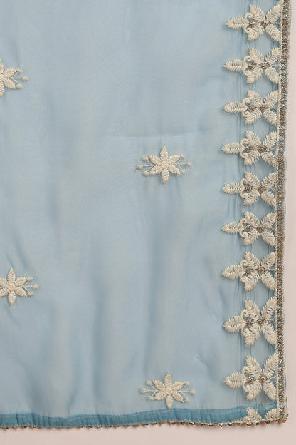 Women's Blue Silk Blend Embroidered Straight Kurta Pant Set With Dupatta