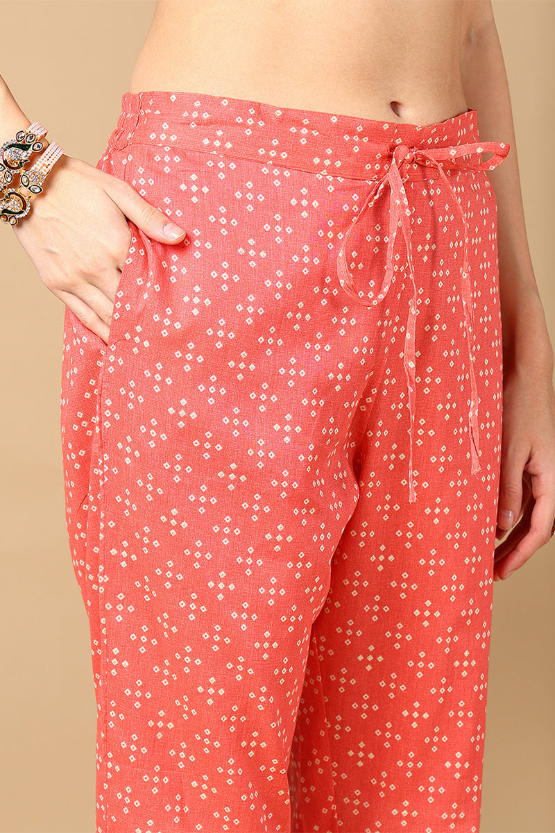 Women's Peach Bandhani Printed Kurta Pant With Dupatta