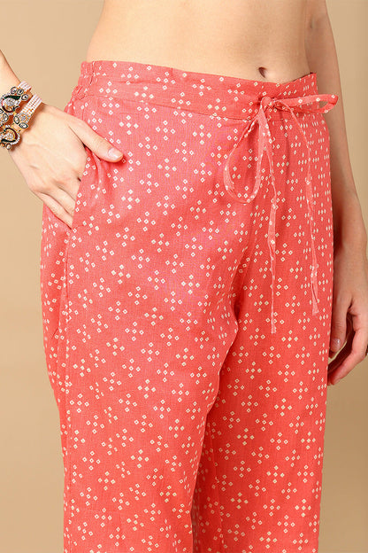 Women's Peach Bandhani Printed Kurta Pant With Dupatta